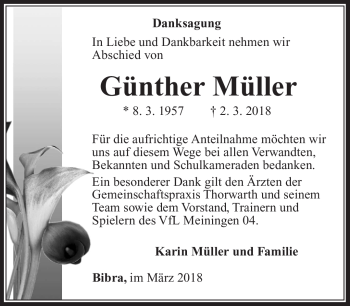 Traueranzeige von Günther Müller von Südthüringer Presse