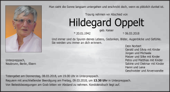 Traueranzeige von Hildegard Oppelt von Neue Presse Coburg