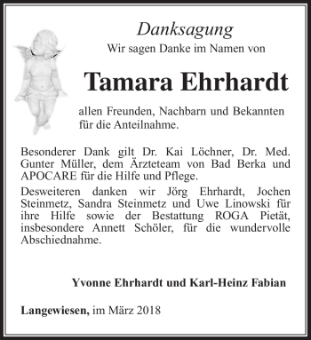 Traueranzeige von Tamara Ehrhardt von Südthüringer Presse
