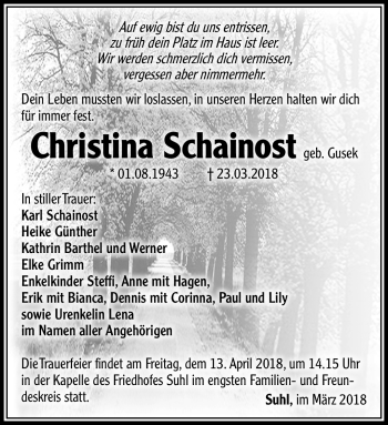 Traueranzeige von Christina Schainost von Südthüringer Presse