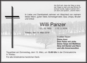 Traueranzeige von Willi Panzer von Frankenpost