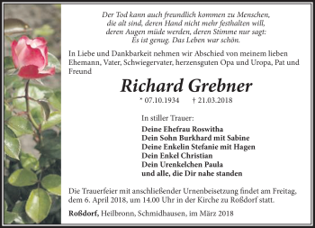 Traueranzeige von Richard Grebner von Südthüringer Presse