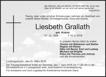 Traueranzeige von Liesbeth Grallath von Neue Presse Coburg