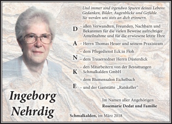Traueranzeige von Ingeborg Nehrdig von Südthüringer Presse