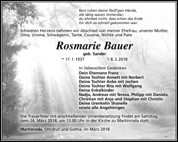 Traueranzeige von Rosmarie Bauer von Südthüringer Presse