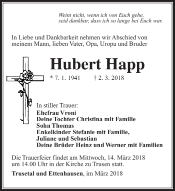 Traueranzeige von Hubert Happ von Südthüringer Presse