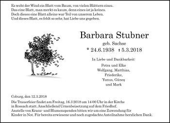 Traueranzeige von Barbara Stubner von Neue Presse Coburg
