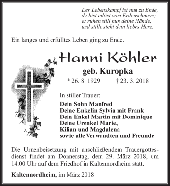 Traueranzeige von Hanni Köhler von Südthüringer Presse