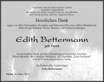 Traueranzeige von Edith Bettermann von Südthüringer Presse