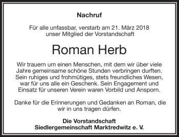 Traueranzeige von Roman Herb von Frankenpost
