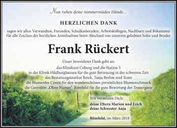 Traueranzeige von Frank Rückert von Südthüringer Presse