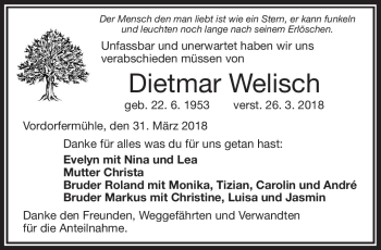 Traueranzeige von Dietmar Welisch von Frankenpost