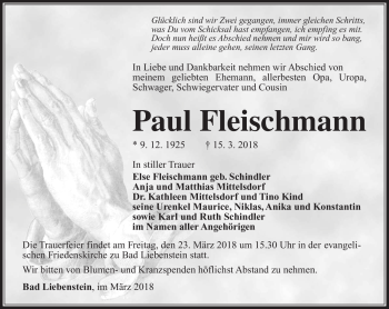 Traueranzeige von Paul Fleischmann von Südthüringer Presse