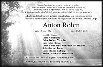Traueranzeige von Anton Rohm von Südthüringer Presse