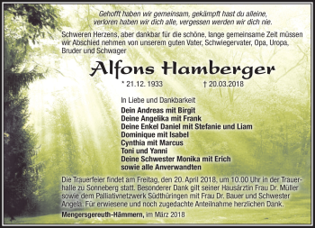 Traueranzeige von Alfons Hamberger von Südthüringer Presse