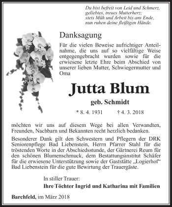 Traueranzeige von Jutta Blum von Südthüringer Presse