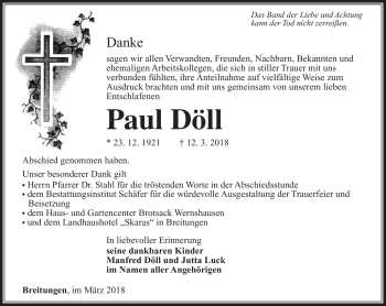 Traueranzeige von Paul Döll von Südthüringer Presse