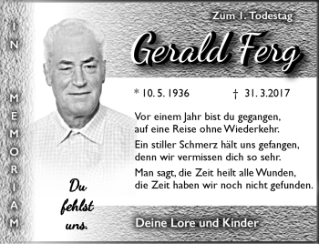 Traueranzeige von Gerald Ferg von Südthüringer Presse