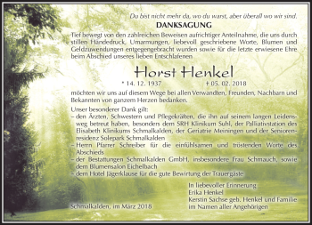 Traueranzeige von Horst Henkel von Südthüringer Presse