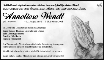 Traueranzeige von Anneliese Wendt von Südthüringer Presse