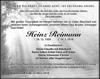 Traueranzeige von Heinz Reimann von Südthüringer Presse