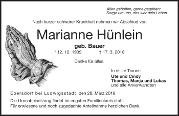 Traueranzeige von Marianne Hünlein von Neue Presse Coburg