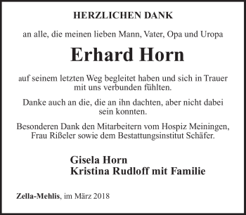 Traueranzeige von Erhard Horn von Südthüringer Presse