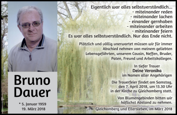 Traueranzeige von Bruno Dauer von Südthüringer Presse