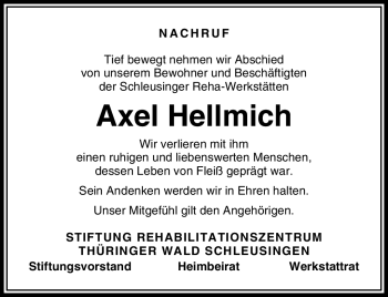 Traueranzeige von Axel Hellmich von Südthüringer Presse