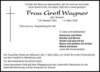 Traueranzeige von Gretl Wagner von Frankenpost