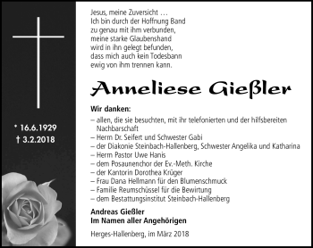 Traueranzeige von Anneliese Gießler von Südthüringer Presse