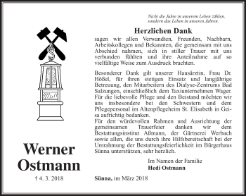 Traueranzeige von Werner Ostmann von Südthüringer Presse