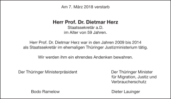 Traueranzeige von Dietmar Herz von Südthüringer Presse