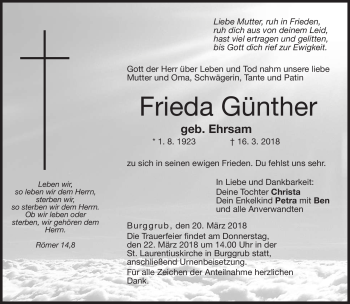 Traueranzeige von Frieda Günther von Neue Presse Coburg