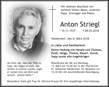 Traueranzeige von Anton Striegl von Frankenpost