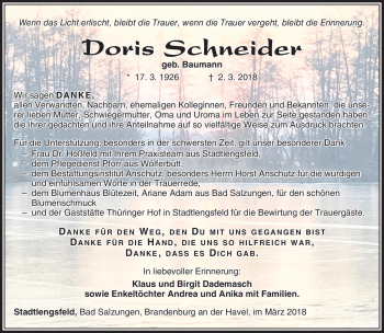 Traueranzeige von Doris Schneider von Südthüringer Presse