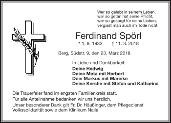 Traueranzeige von Ferdinand Spörl von Frankenpost