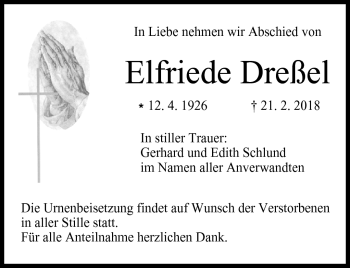 Traueranzeige von Elfriede Dreßel von Frankenpost