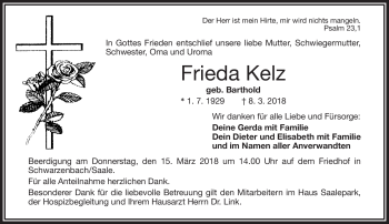 Traueranzeige von Frieda Kelz von Frankenpost