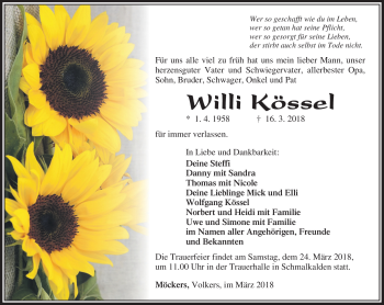 Traueranzeige von Willi Kössel von Südthüringer Presse