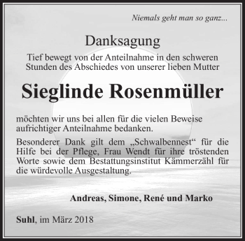 Traueranzeige von Sieglinde Rosenmüller von Südthüringer Presse