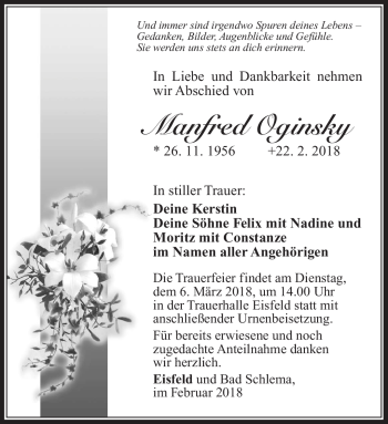Traueranzeige von Manfred Oginsky von Südthüringer Presse