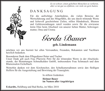 Traueranzeige von Gerda Bauer von Südthüringer Presse