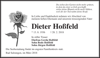 Traueranzeige von Dieter Hoßfeld von Südthüringer Presse