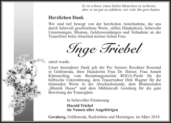 Traueranzeige von Inge Triebel von Südthüringer Presse