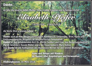 Traueranzeige von Elisabeth Pfeifer von Südthüringer Presse