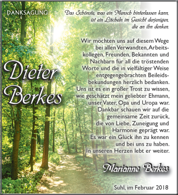 Traueranzeige von Dieter Berkes von Südthüringer Presse