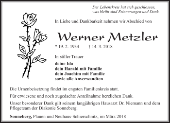 Traueranzeige von Werner Metzler von Südthüringer Presse