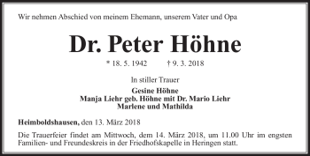 Traueranzeige von Peter Höhne von Südthüringer Presse