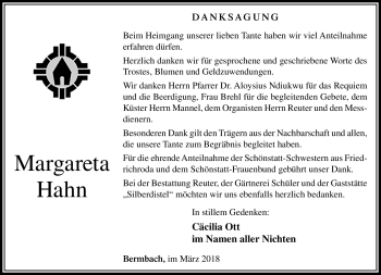 Traueranzeige von Margareta Hahn von Südthüringer Presse